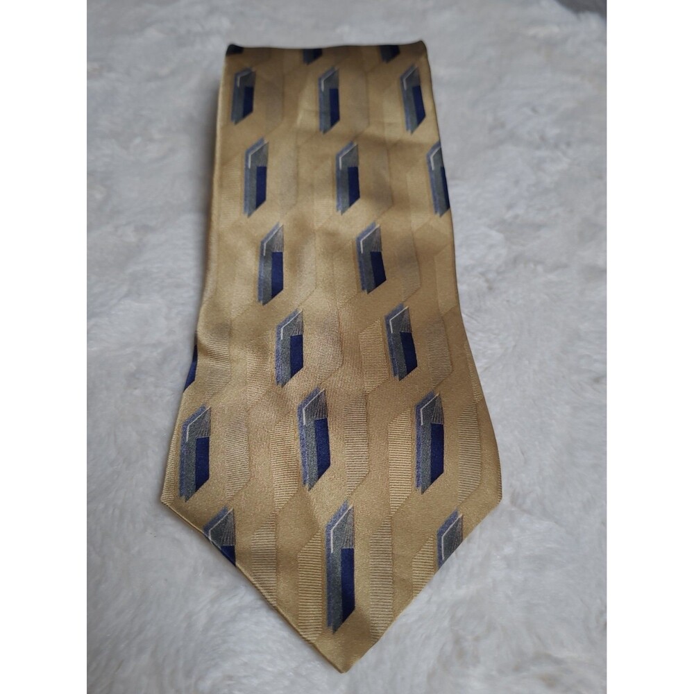Bill Blass Black Label Silk Tie Yellow Gold Blue Geometric Abstract Mens Necktie